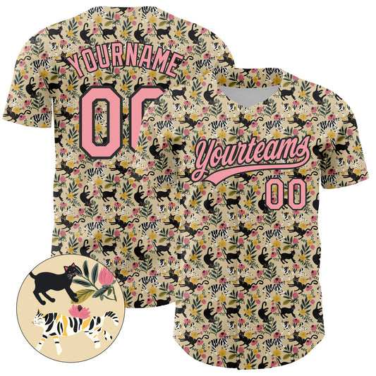 Custom Cream Medium Pink-Black 3D Pattern Design Animal Cat Authentic Baseball Jersey - Main View