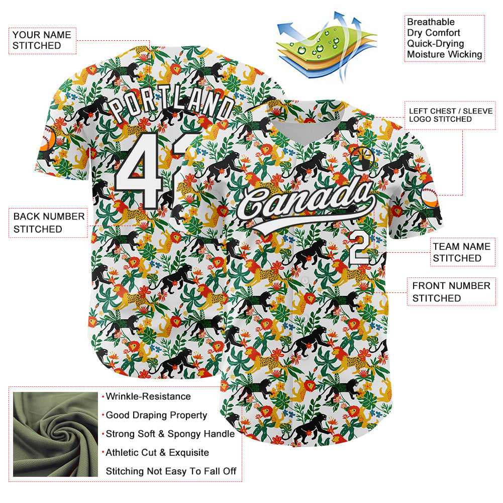 Custom White Black 3D Pattern Design Animal Lion And Leopard Authentic Baseball Jersey view 3