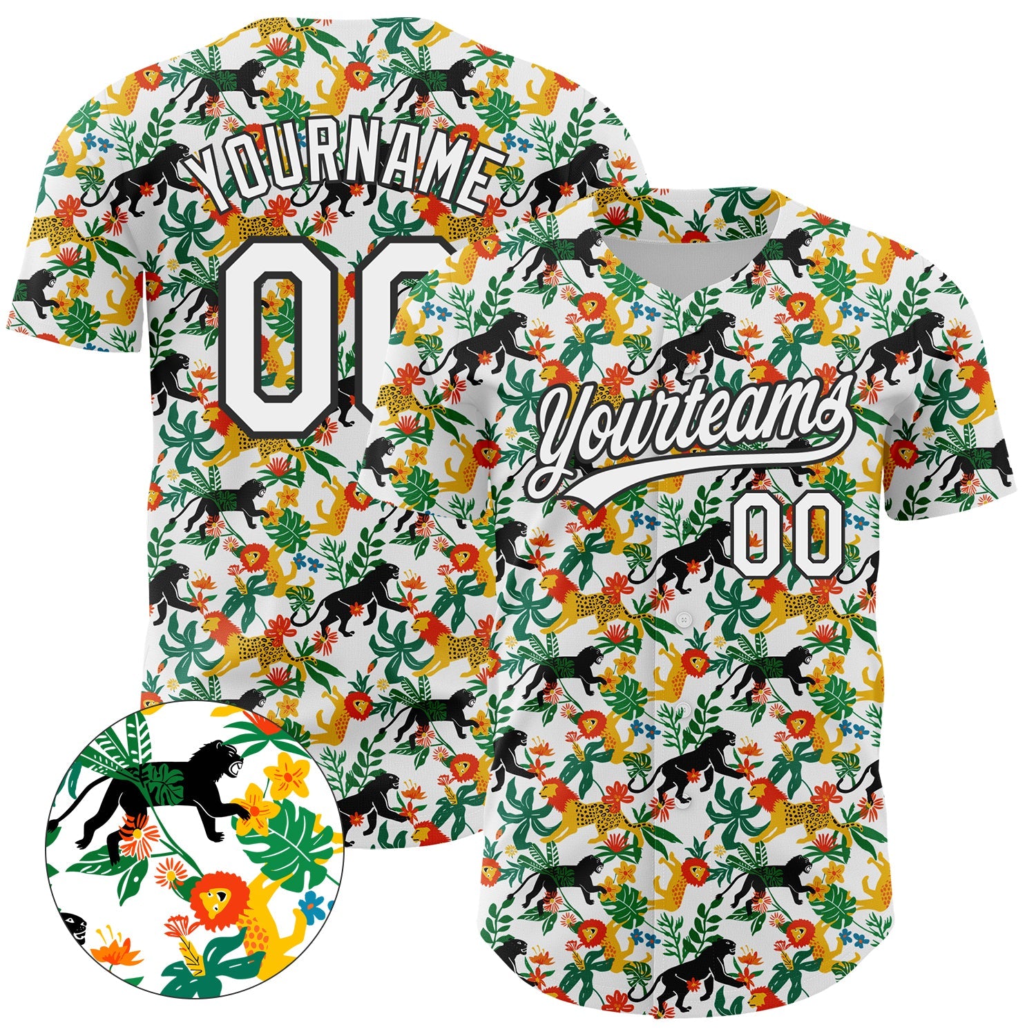 Custom White Black 3D Pattern Design Animal Lion And Leopard Authentic Baseball Jersey - Main View