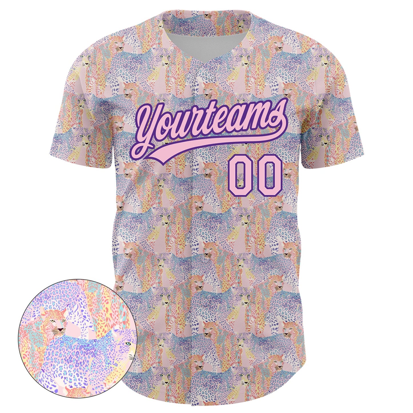 Custom Light Pink Purple 3D Pattern Design Animal Leopard Authentic Baseball Jersey view 2