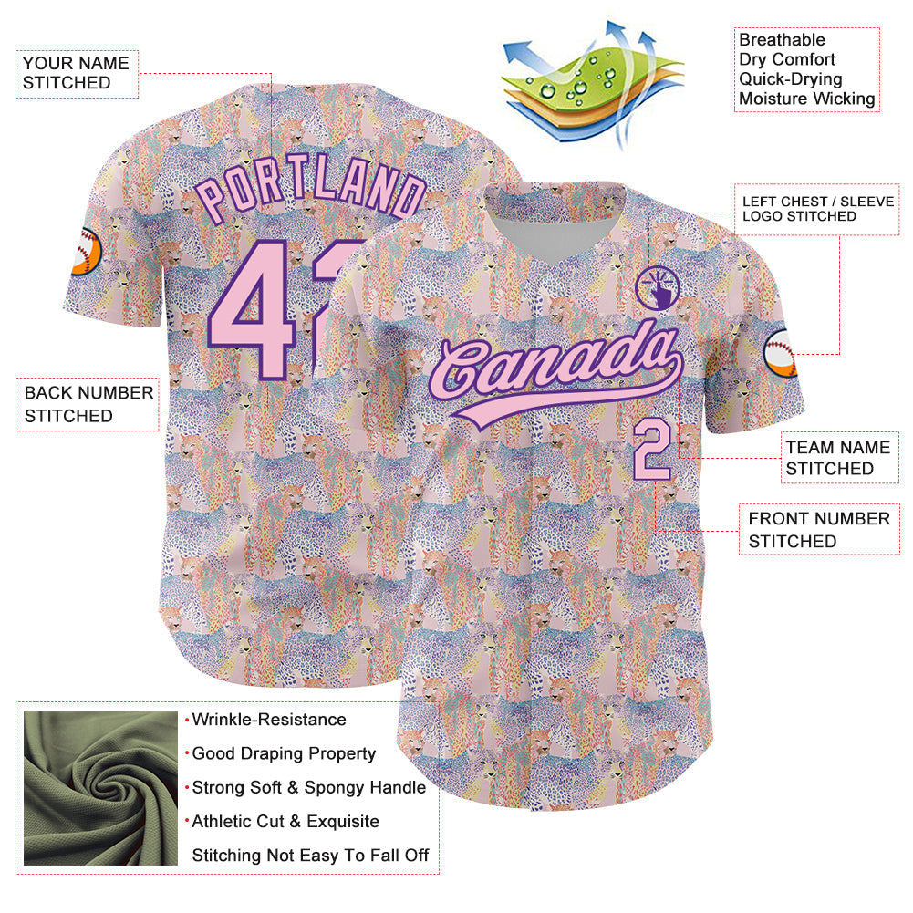 Custom Light Pink Purple 3D Pattern Design Animal Leopard Authentic Baseball Jersey view 3