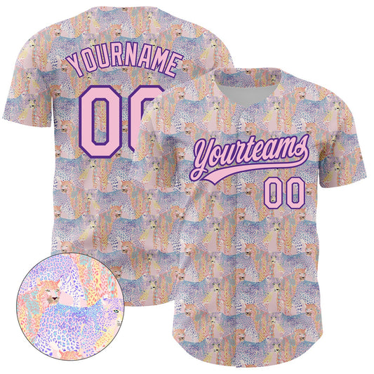 Custom Light Pink Purple 3D Pattern Design Animal Leopard Authentic Baseball Jersey - Main View
