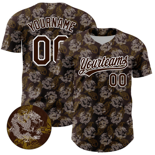 Custom Brown White 3D Pattern Design Animal Loongfeng Authentic Baseball Jersey - Main View