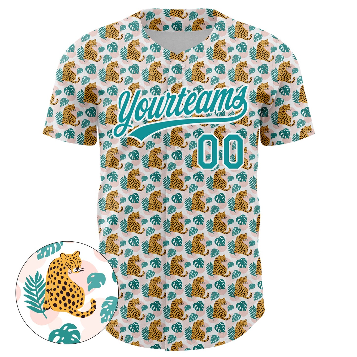 Custom White Teal 3D Pattern Design Animal Leopard Authentic Baseball Jersey view 2