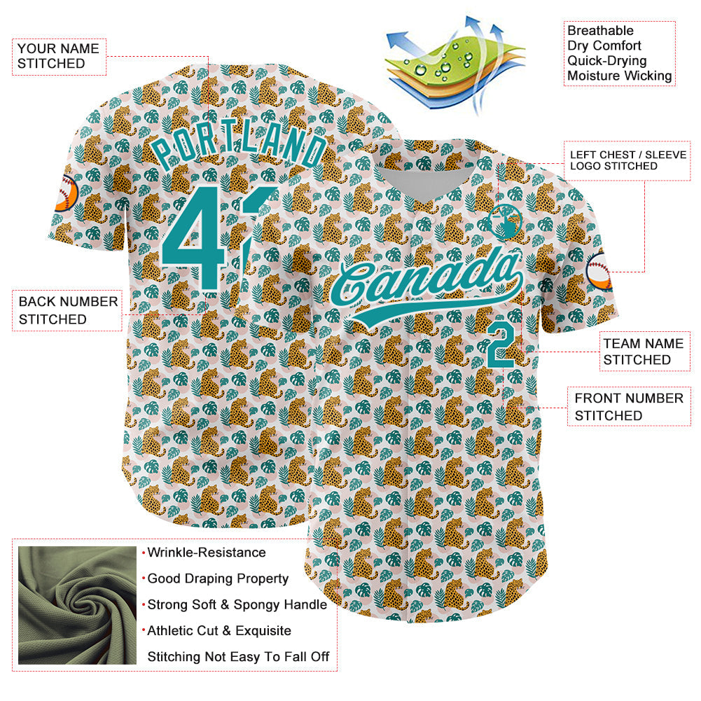 Custom White Teal 3D Pattern Design Animal Leopard Authentic Baseball Jersey view 3