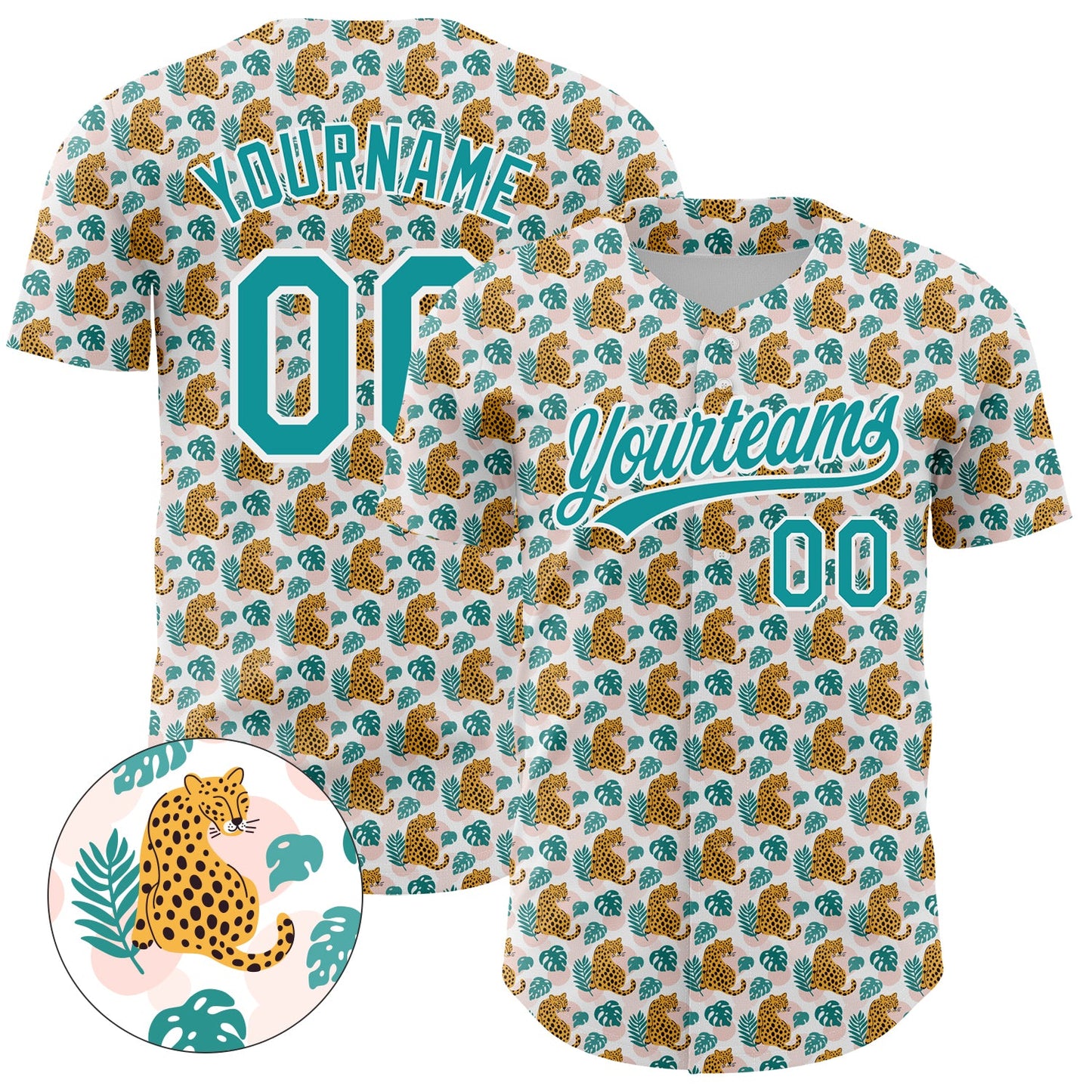 Custom White Teal 3D Pattern Design Animal Leopard Authentic Baseball Jersey - Main View