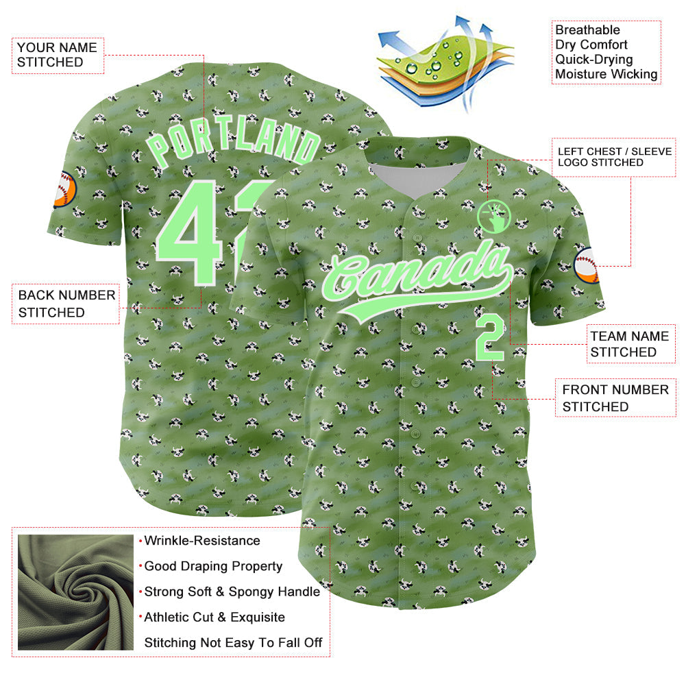 Custom Green Pea Green-White 3D Pattern Design Animal Cow Authentic Baseball Jersey view 3