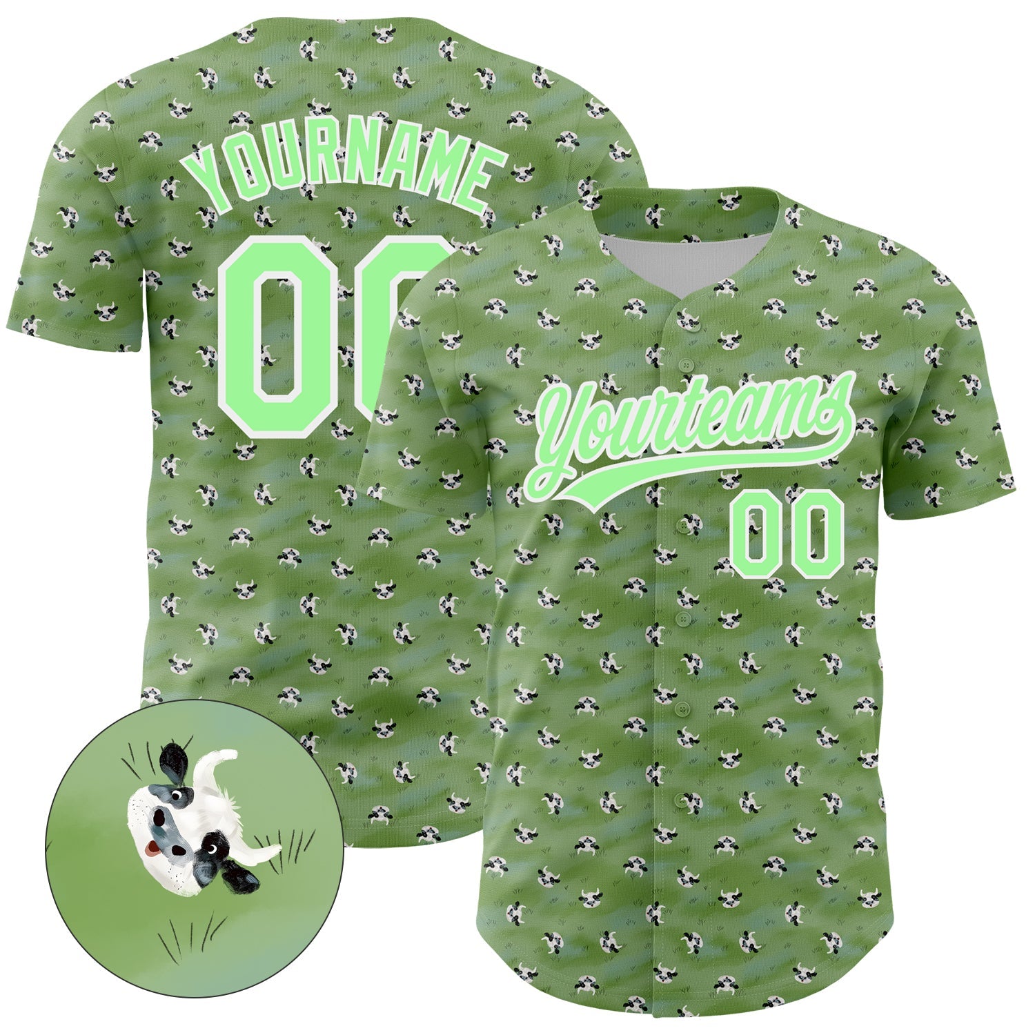 Custom Green Pea Green-White 3D Pattern Design Animal Cow Authentic Baseball Jersey - Main View