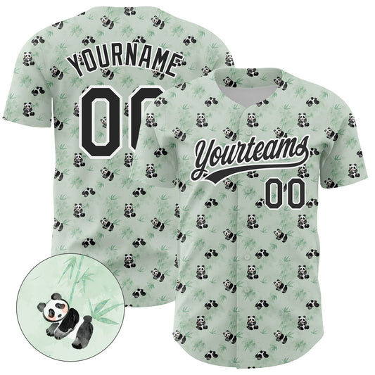 Custom Green Black-White 3D Pattern Design Animal Panda Authentic Baseball Jersey - Main View