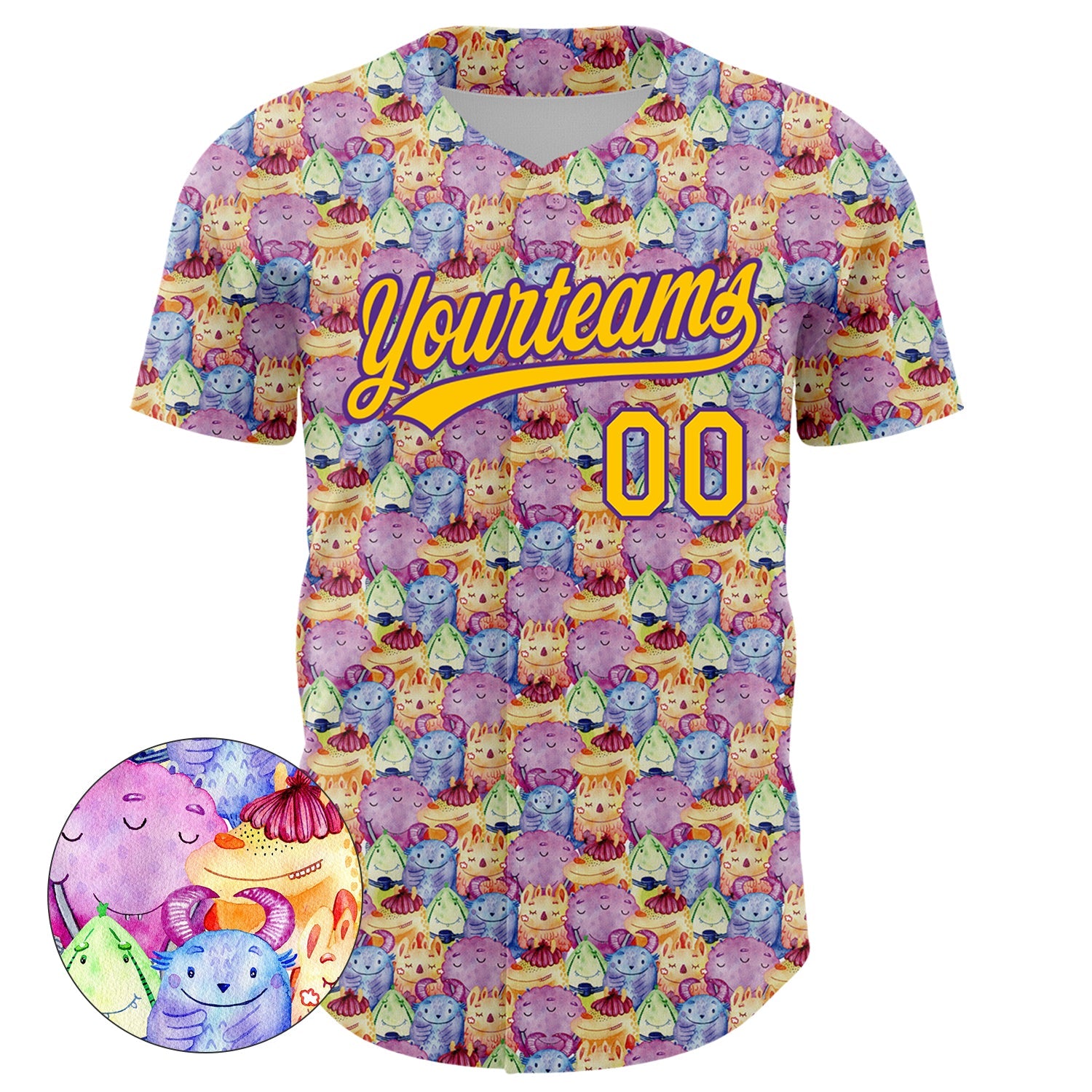 Custom Pink Yellow-Purple 3D Pattern Design Animal Funny Monster Authentic Baseball Jersey view 2