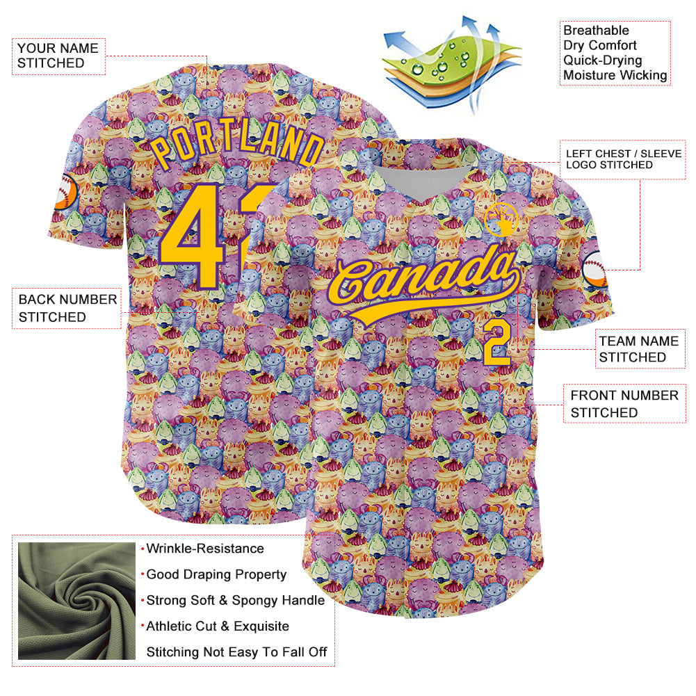 Custom Pink Yellow-Purple 3D Pattern Design Animal Funny Monster Authentic Baseball Jersey view 3