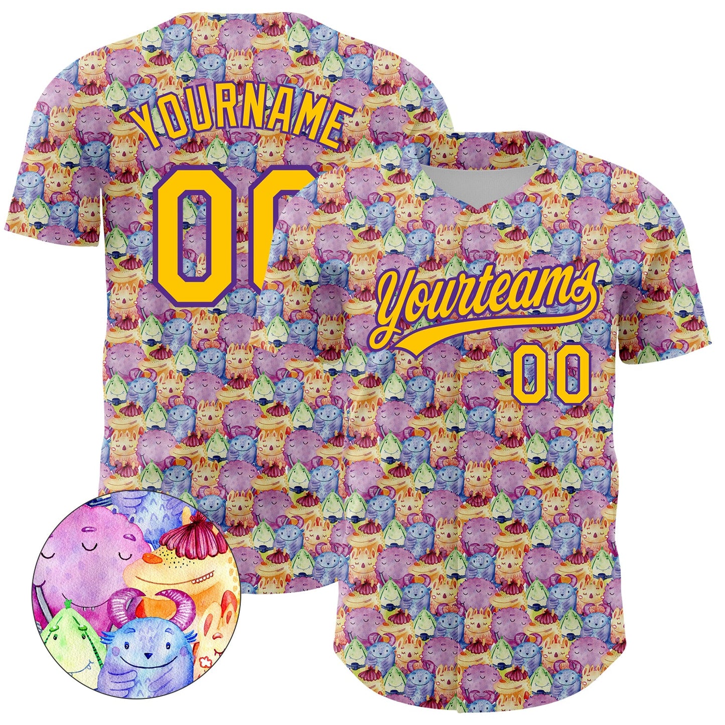 Custom Pink Yellow-Purple 3D Pattern Design Animal Funny Monster Authentic Baseball Jersey - Main View
