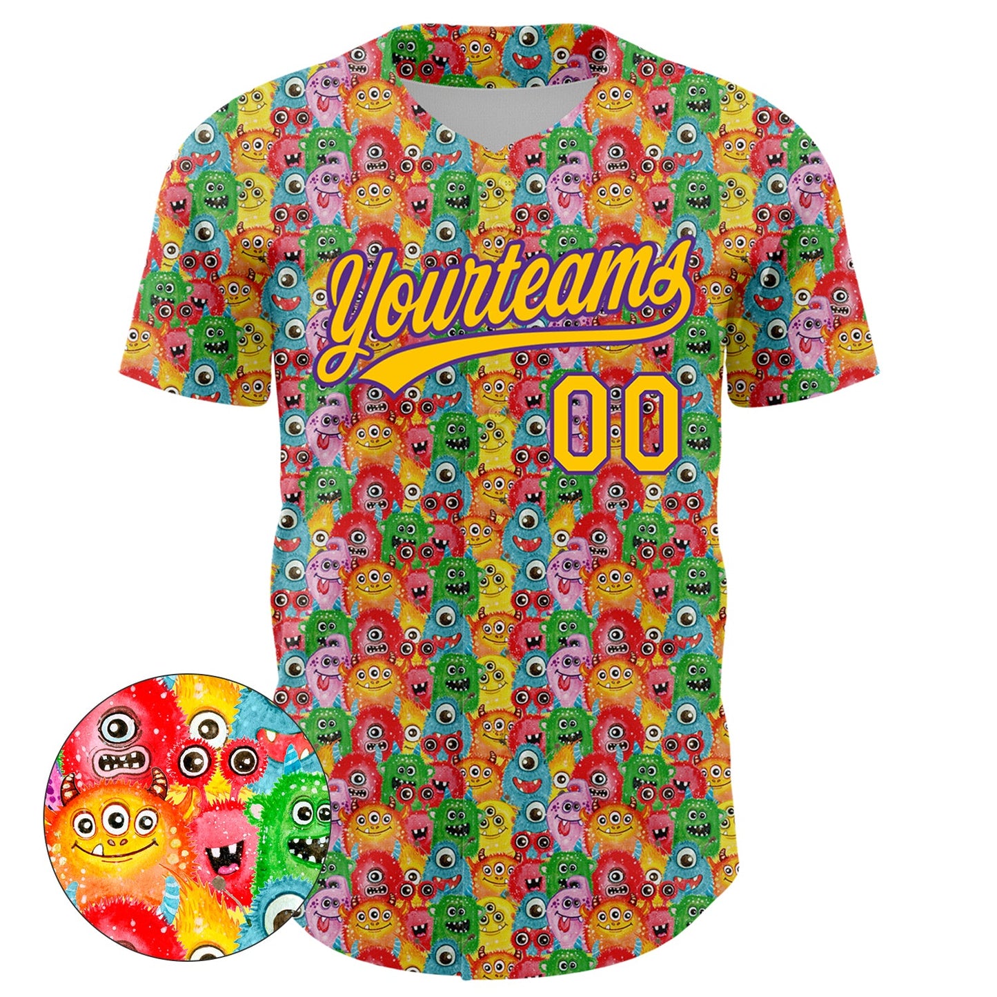 Custom Pink Yellow-Purple 3D Pattern Design Animal Funny Monster Authentic Baseball Jersey view 2