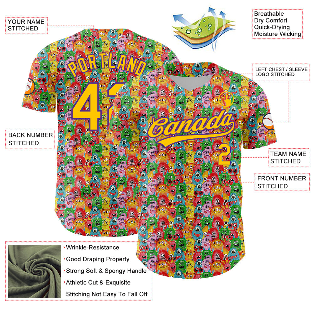 Custom Pink Yellow-Purple 3D Pattern Design Animal Funny Monster Authentic Baseball Jersey view 3