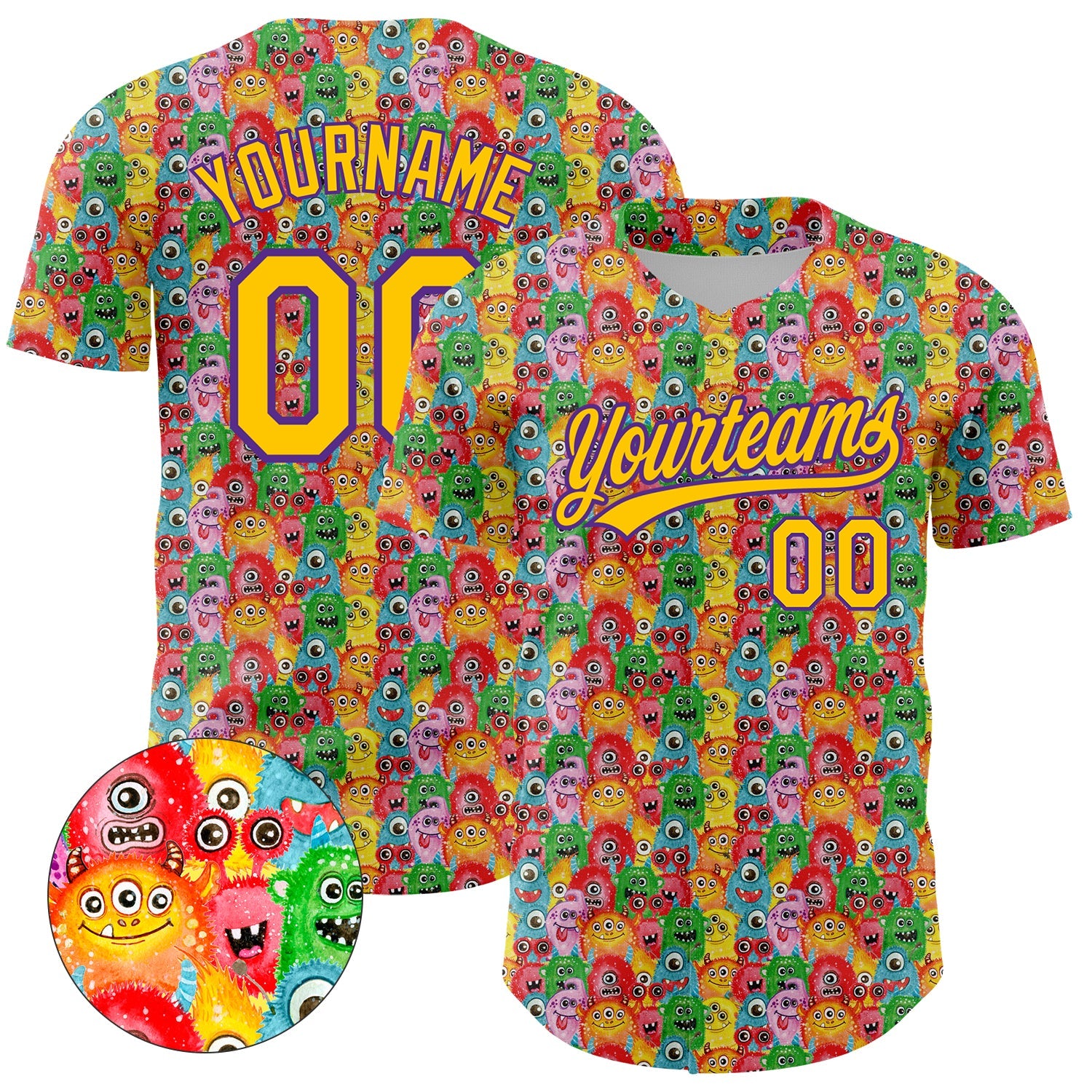 Custom Pink Yellow-Purple 3D Pattern Design Animal Funny Monster Authentic Baseball Jersey - Main View
