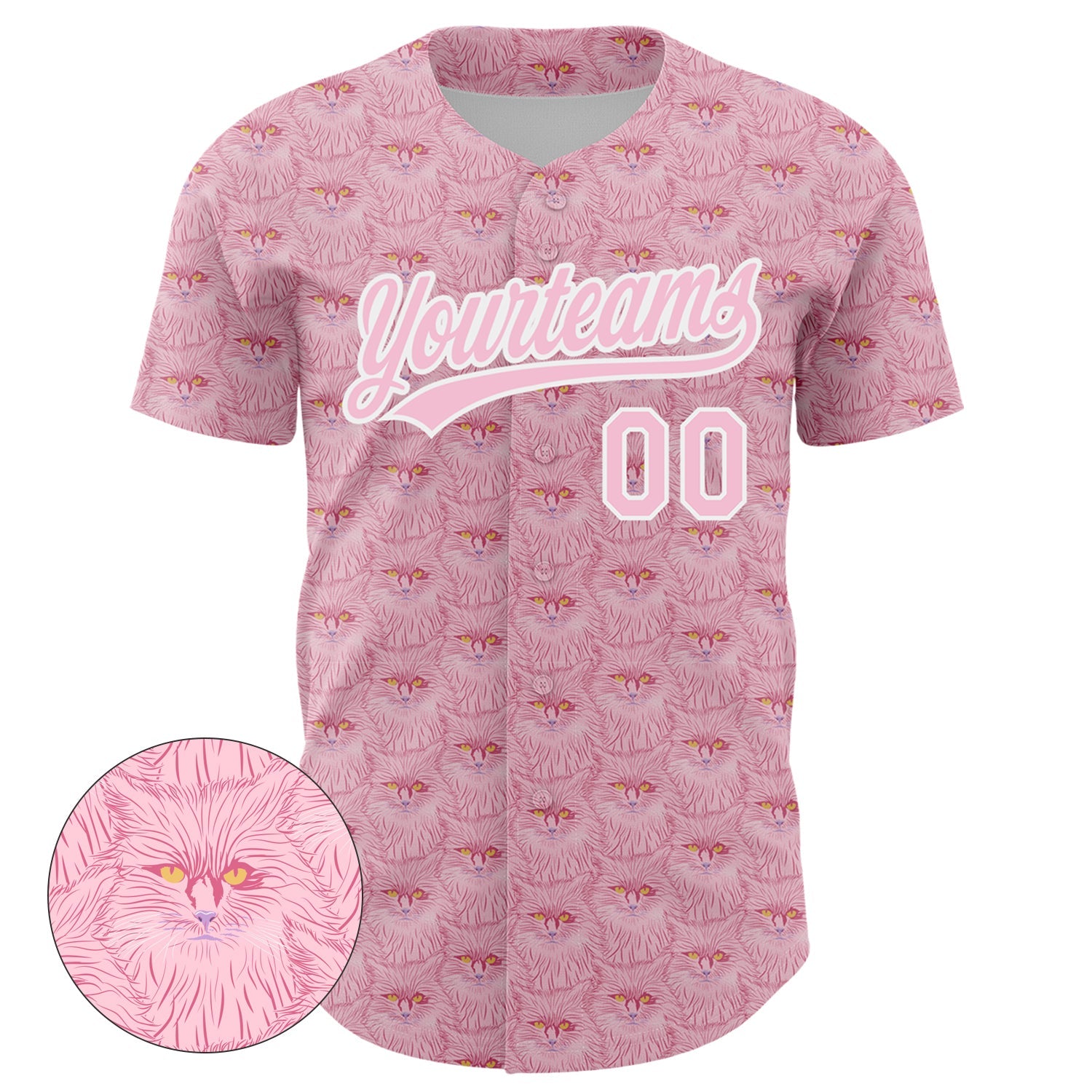 Custom Light Pink White 3D Pattern Design Animal Cat Authentic Baseball Jersey view 2