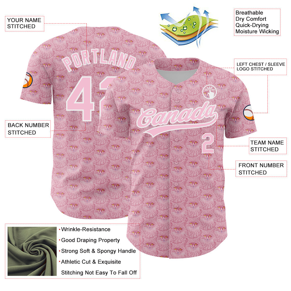 Custom Light Pink White 3D Pattern Design Animal Cat Authentic Baseball Jersey view 3