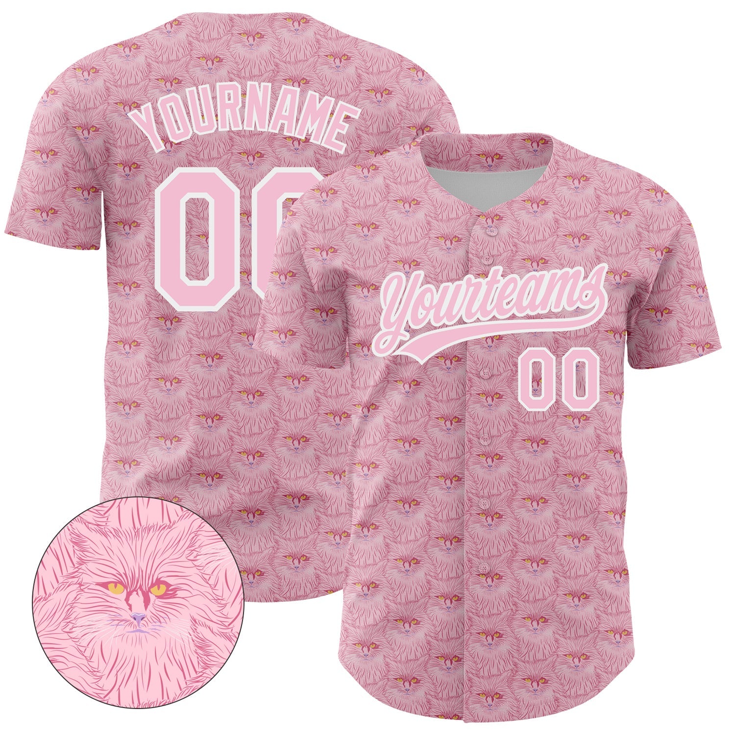 Custom Light Pink White 3D Pattern Design Animal Cat Authentic Baseball Jersey - Main View