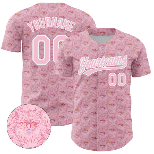 Custom Light Pink White 3D Pattern Design Animal Cat Authentic Baseball Jersey - Main View