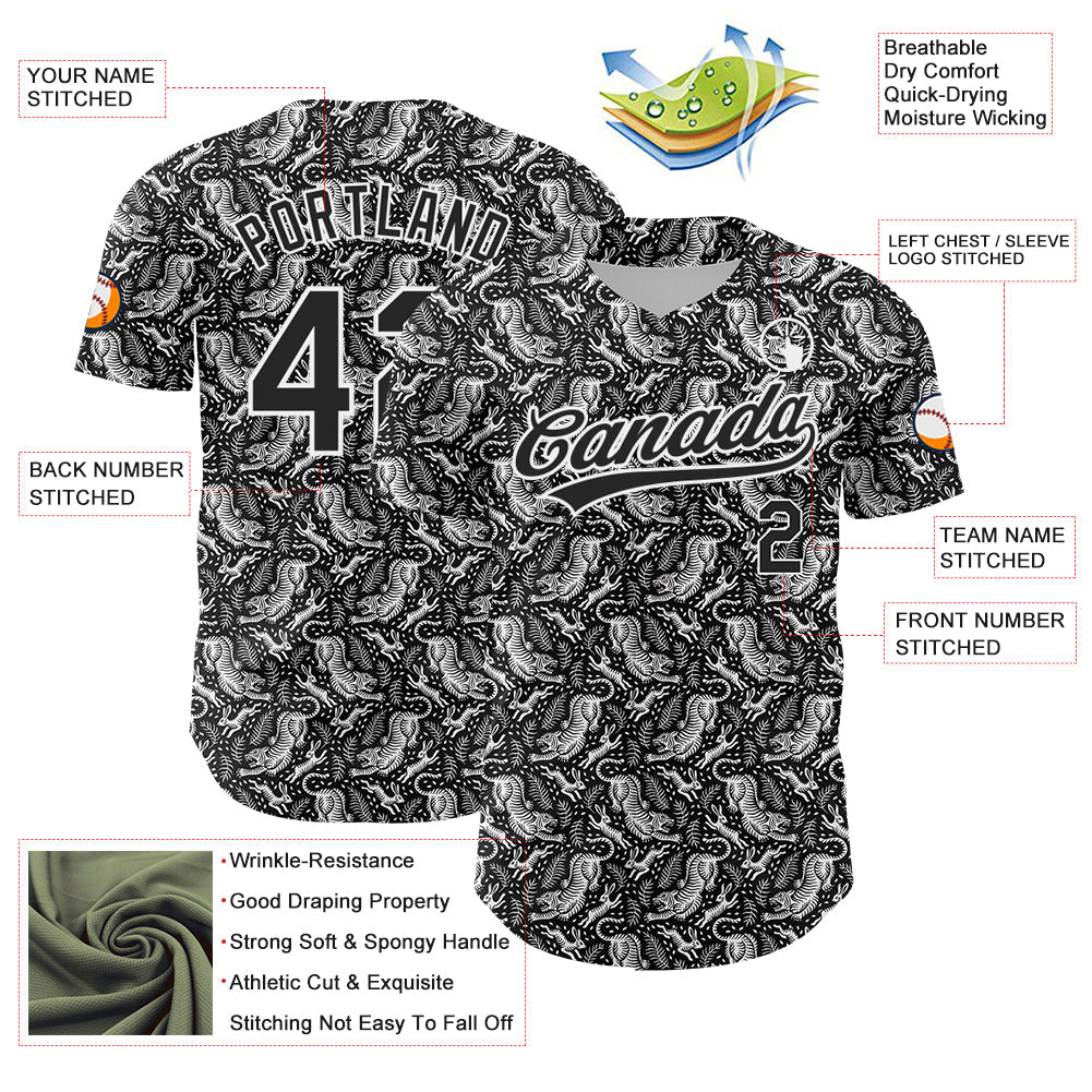 Custom Black White 3D Pattern Design Animal Tiger And Rabbit Authentic Baseball Jersey view 3