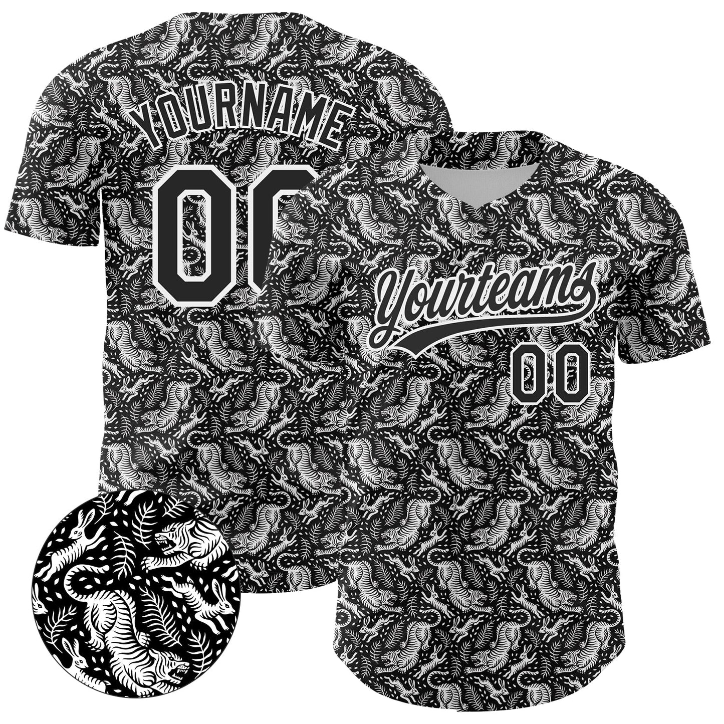 Custom Black White 3D Pattern Design Animal Tiger And Rabbit Authentic Baseball Jersey - Main View