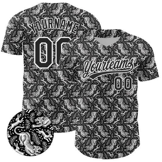 Custom Black White 3D Pattern Design Animal Tiger And Rabbit Authentic Baseball Jersey - Main View