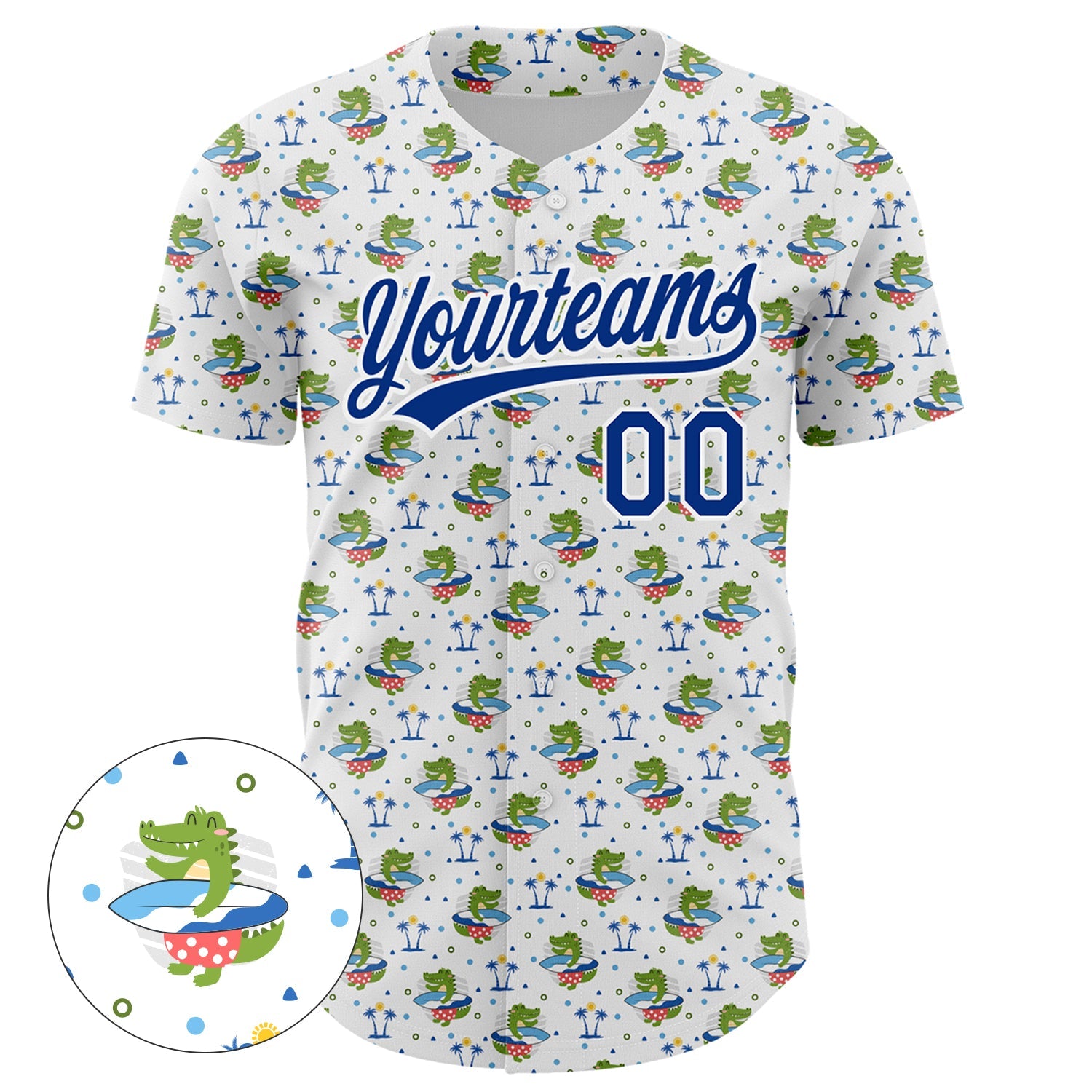 Custom White Royal 3D Pattern Design Animal Crocodile Surfing Authentic Baseball Jersey view 2