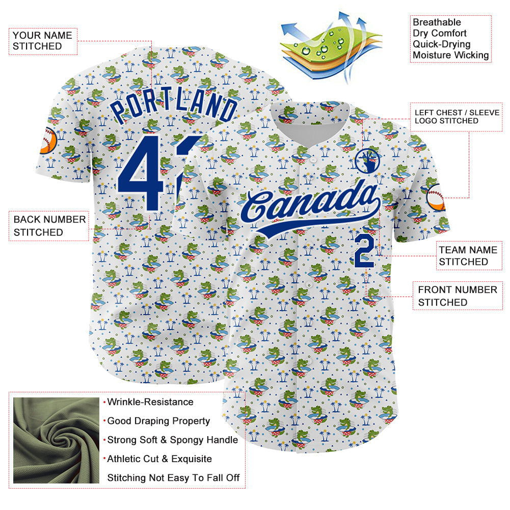 Custom White Royal 3D Pattern Design Animal Crocodile Surfing Authentic Baseball Jersey view 3