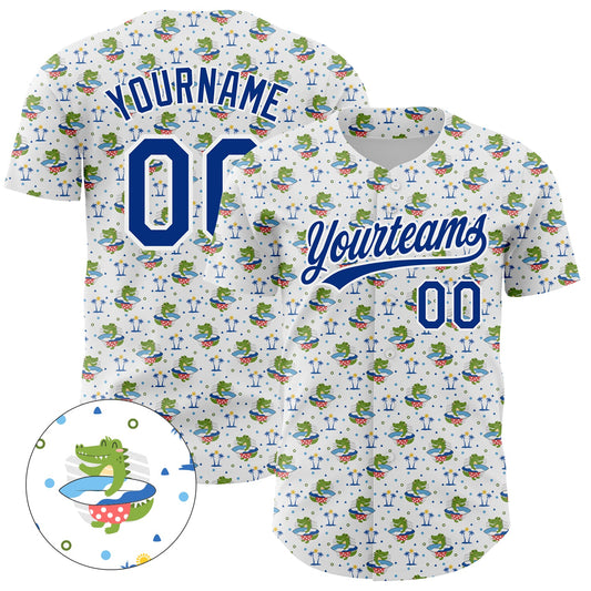 Custom White Royal 3D Pattern Design Animal Crocodile Surfing Authentic Baseball Jersey - Main View