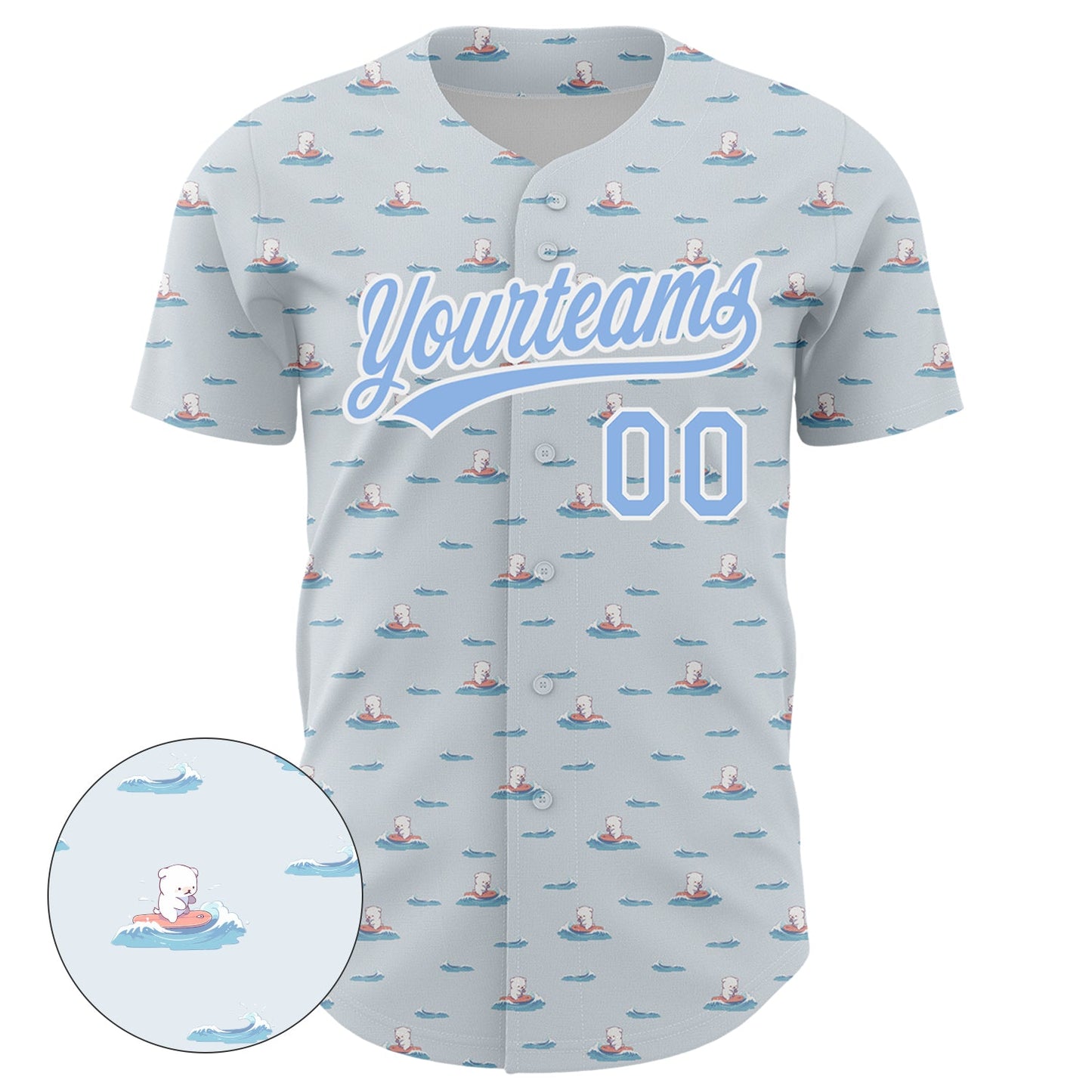 Custom Gray Light Blue-White 3D Pattern Design Animal Dog Surfing Authentic Baseball Jersey view 2