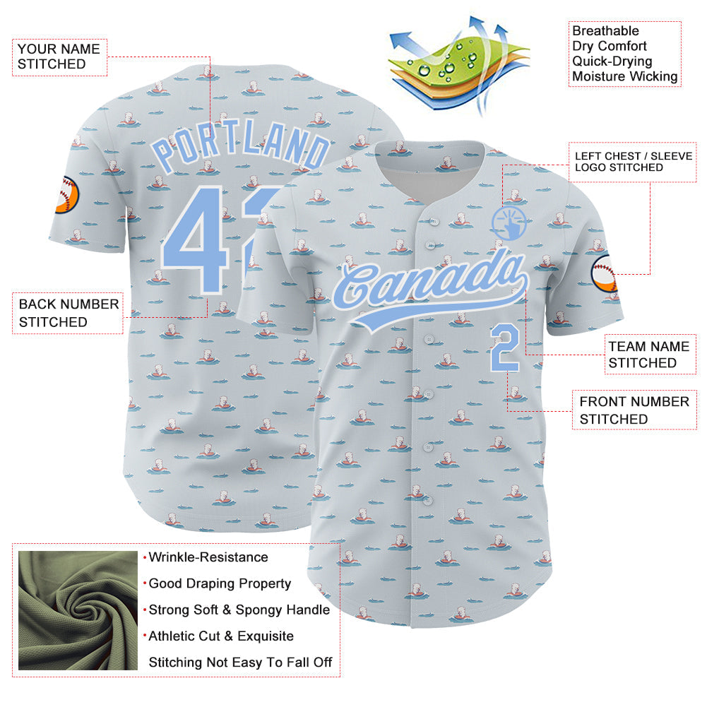 Custom Gray Light Blue-White 3D Pattern Design Animal Dog Surfing Authentic Baseball Jersey view 3