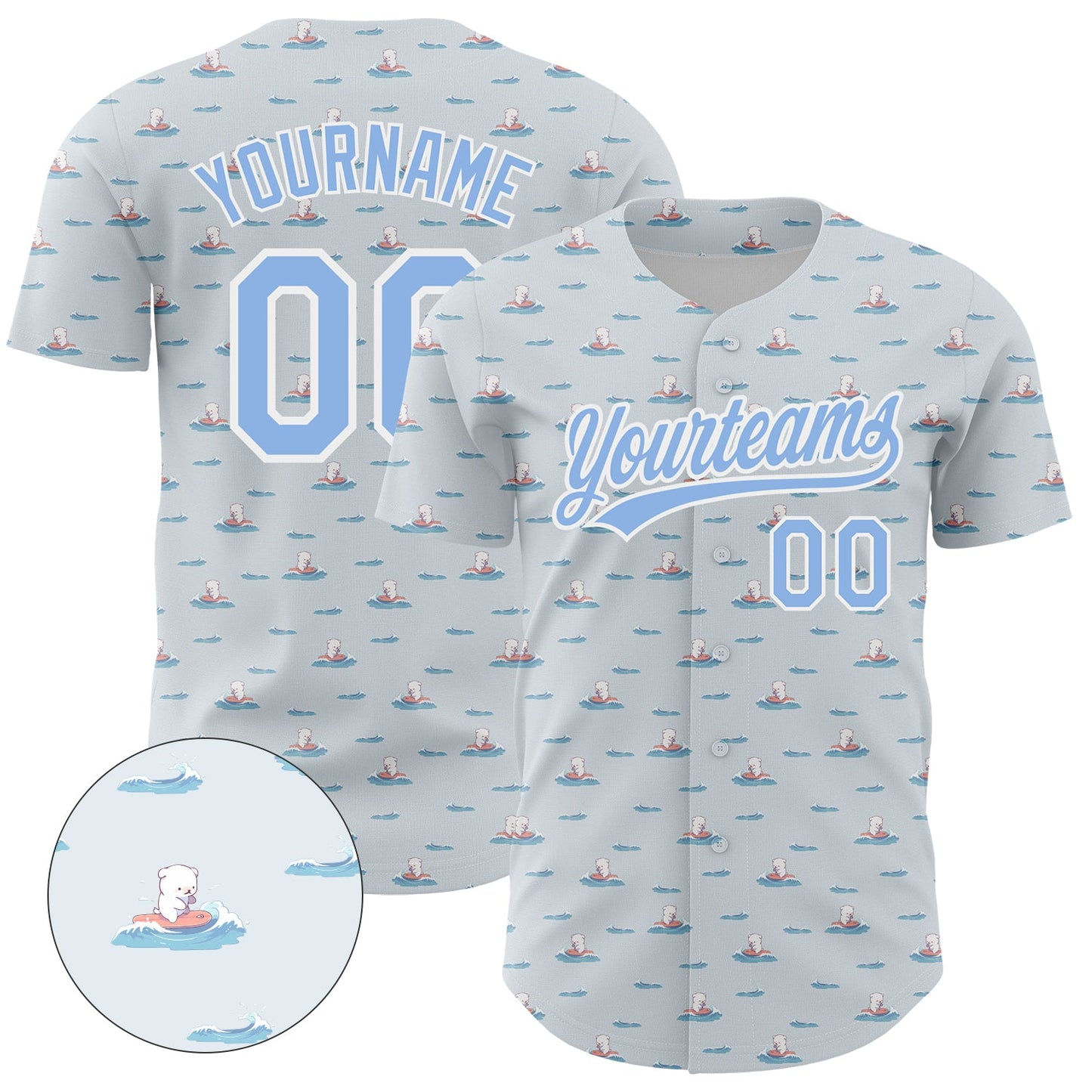 Custom Gray Light Blue-White 3D Pattern Design Animal Dog Surfing Authentic Baseball Jersey - Main View