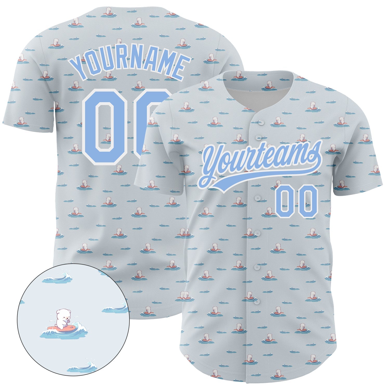 Custom Gray Light Blue-White 3D Pattern Design Animal Dog Surfing Authentic Baseball Jersey - Main View