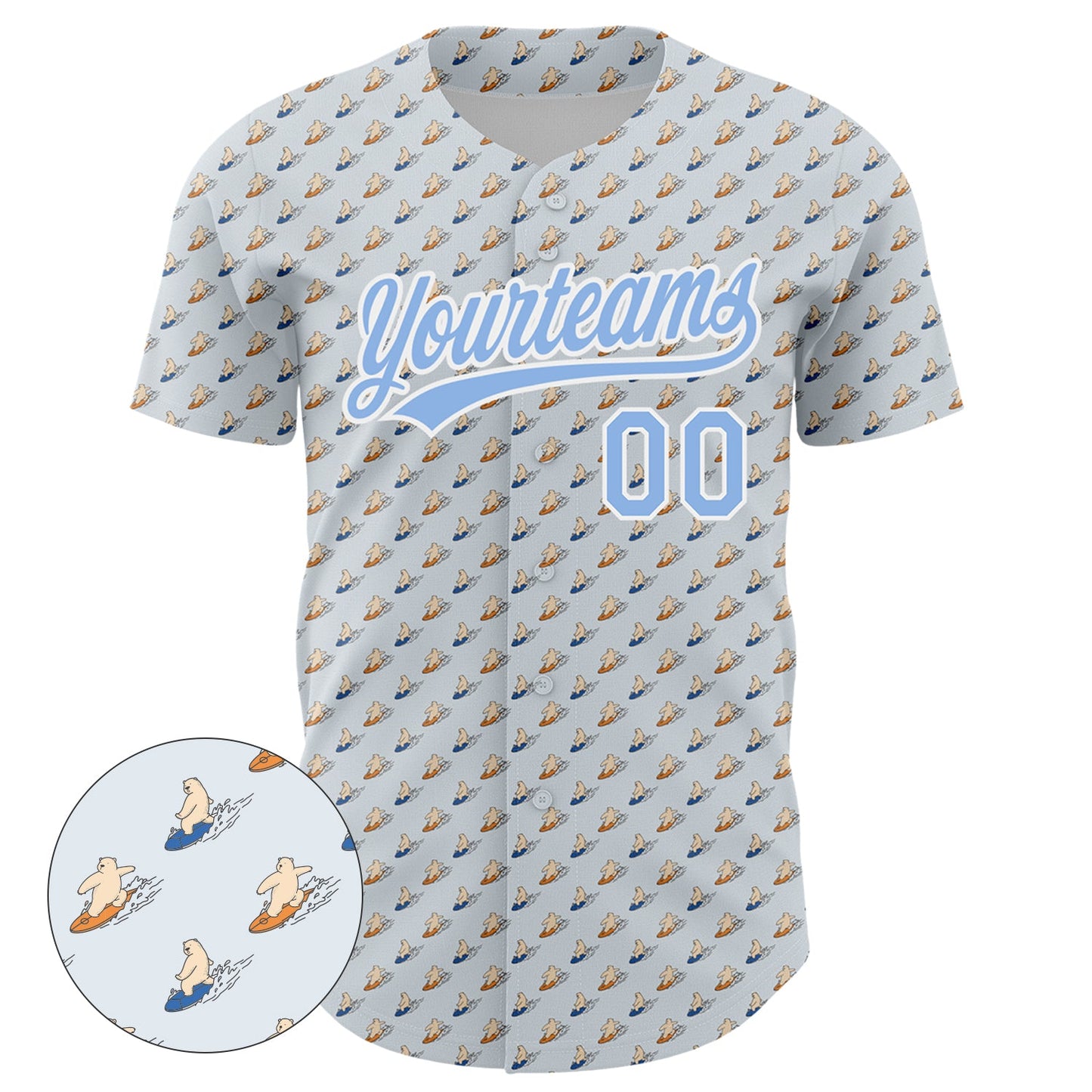 Custom Gray Light Blue-White 3D Pattern Design Animal Bear Surfing Authentic Baseball Jersey view 2