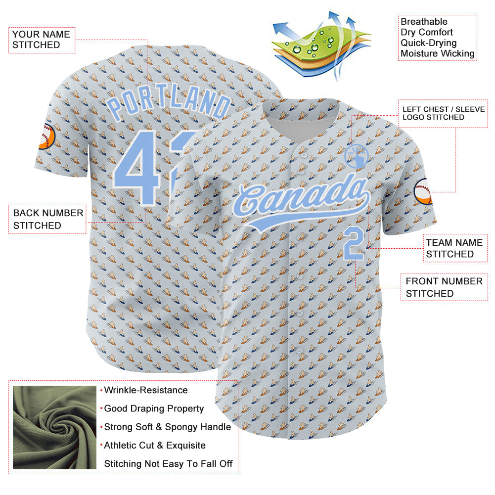 Custom Gray Light Blue-White 3D Pattern Design Animal Bear Surfing Authentic Baseball Jersey view 3