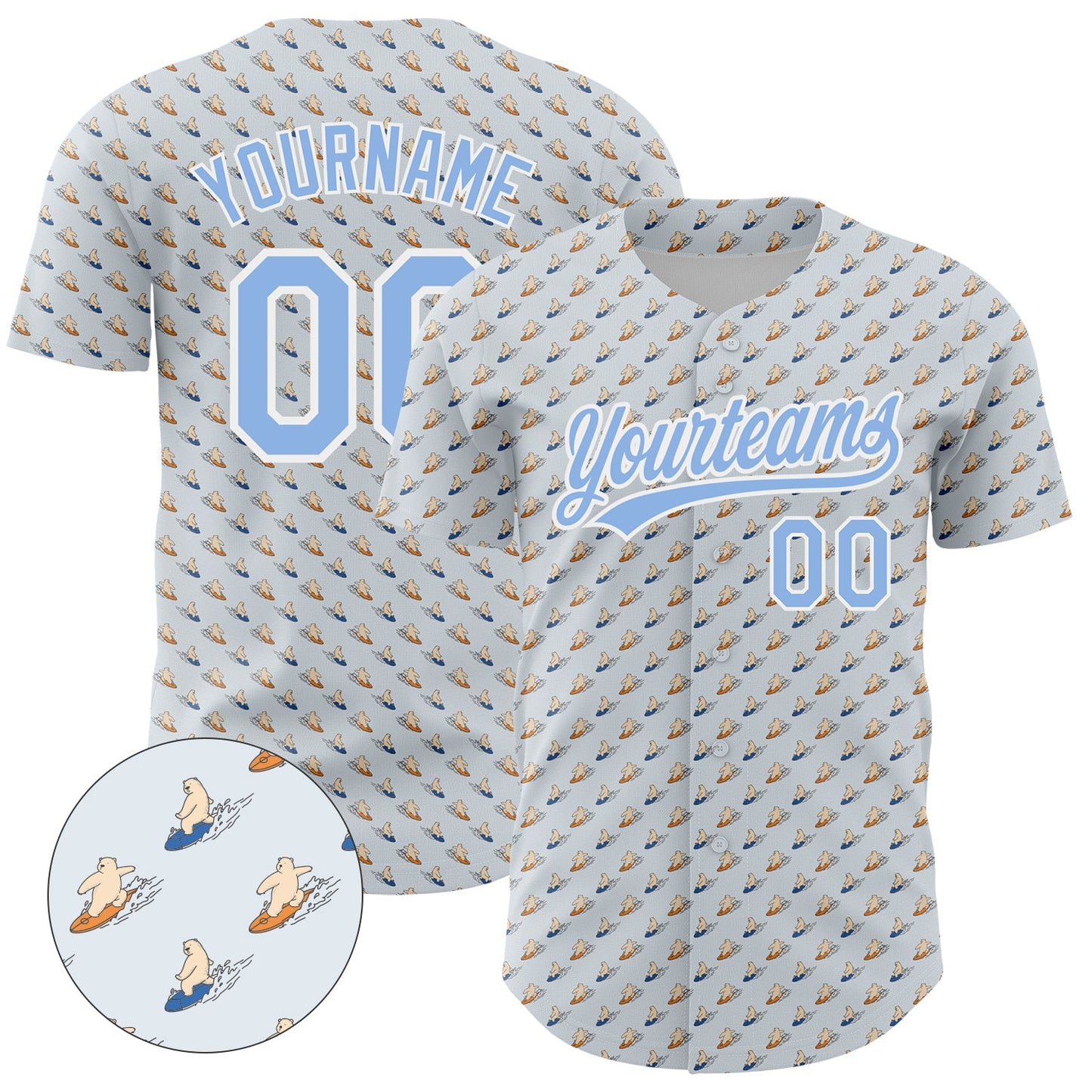 Custom Gray Light Blue-White 3D Pattern Design Animal Bear Surfing Authentic Baseball Jersey - Main View