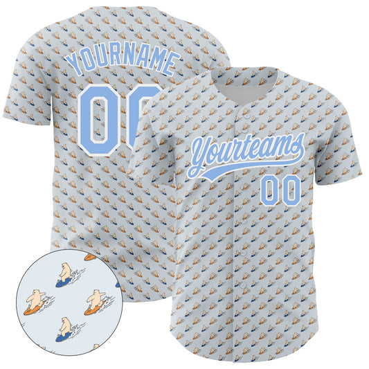 Custom Gray Light Blue-White 3D Pattern Design Animal Bear Surfing Authentic Baseball Jersey - Main View