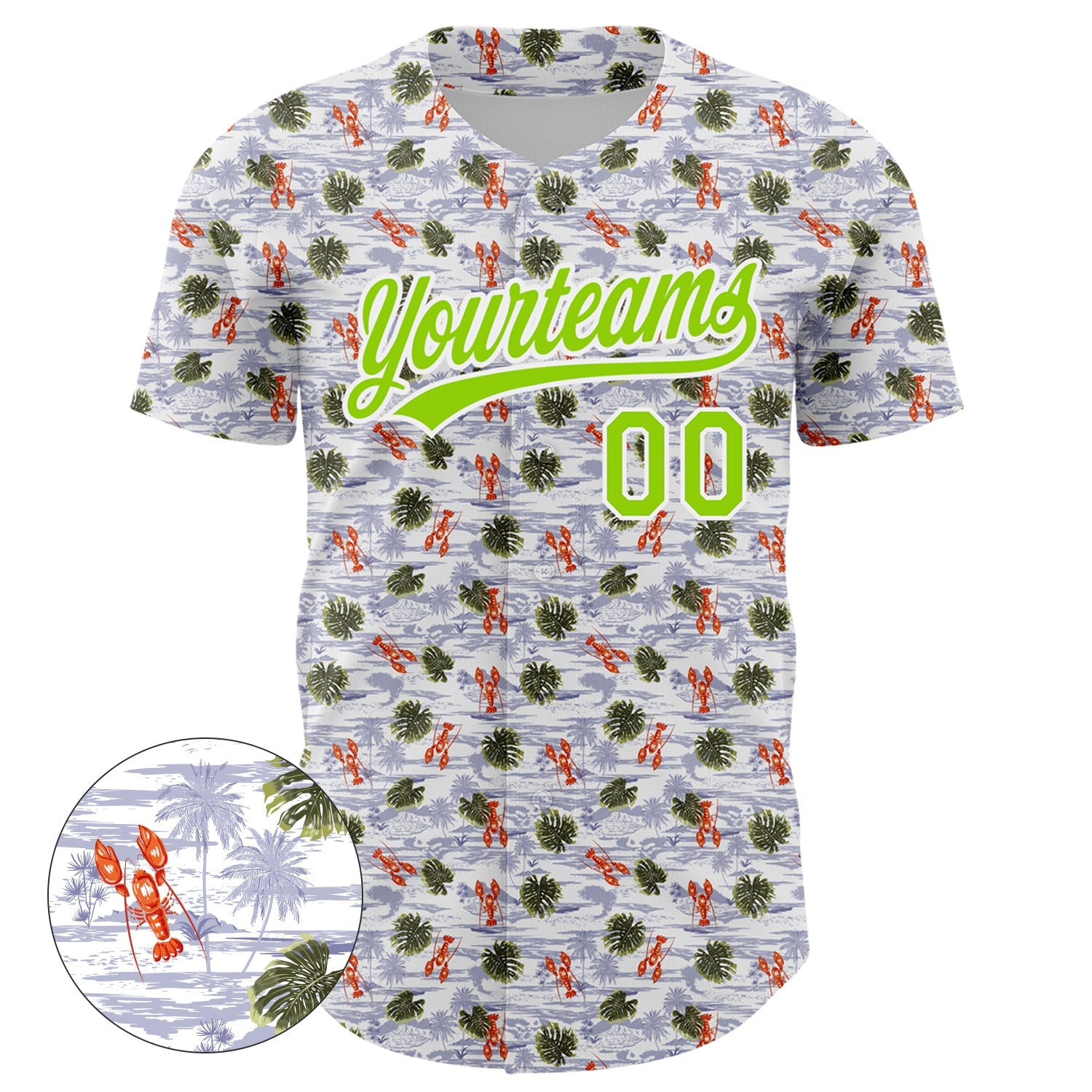 Custom White Neon Green 3D Pattern Design Animal Lobster And Hawaii Palm Trees Authentic Baseball Jersey view 2