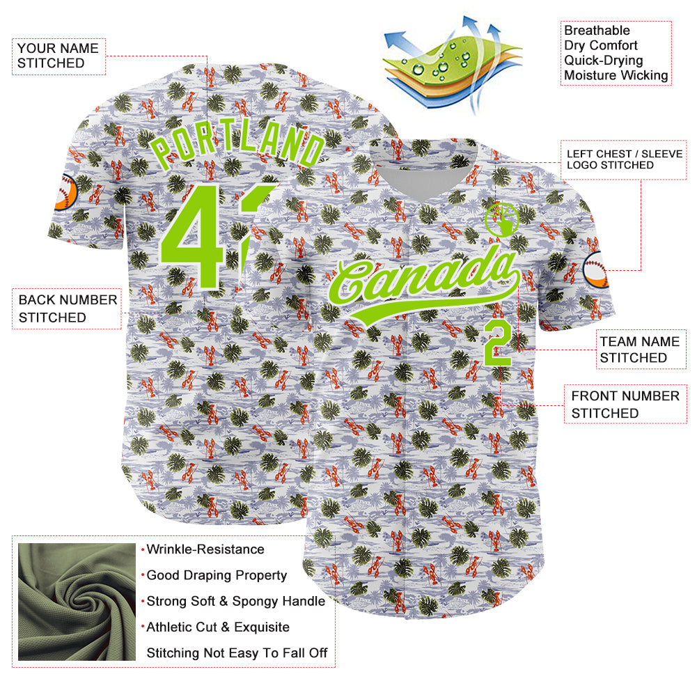 Custom White Neon Green 3D Pattern Design Animal Lobster And Hawaii Palm Trees Authentic Baseball Jersey view 3
