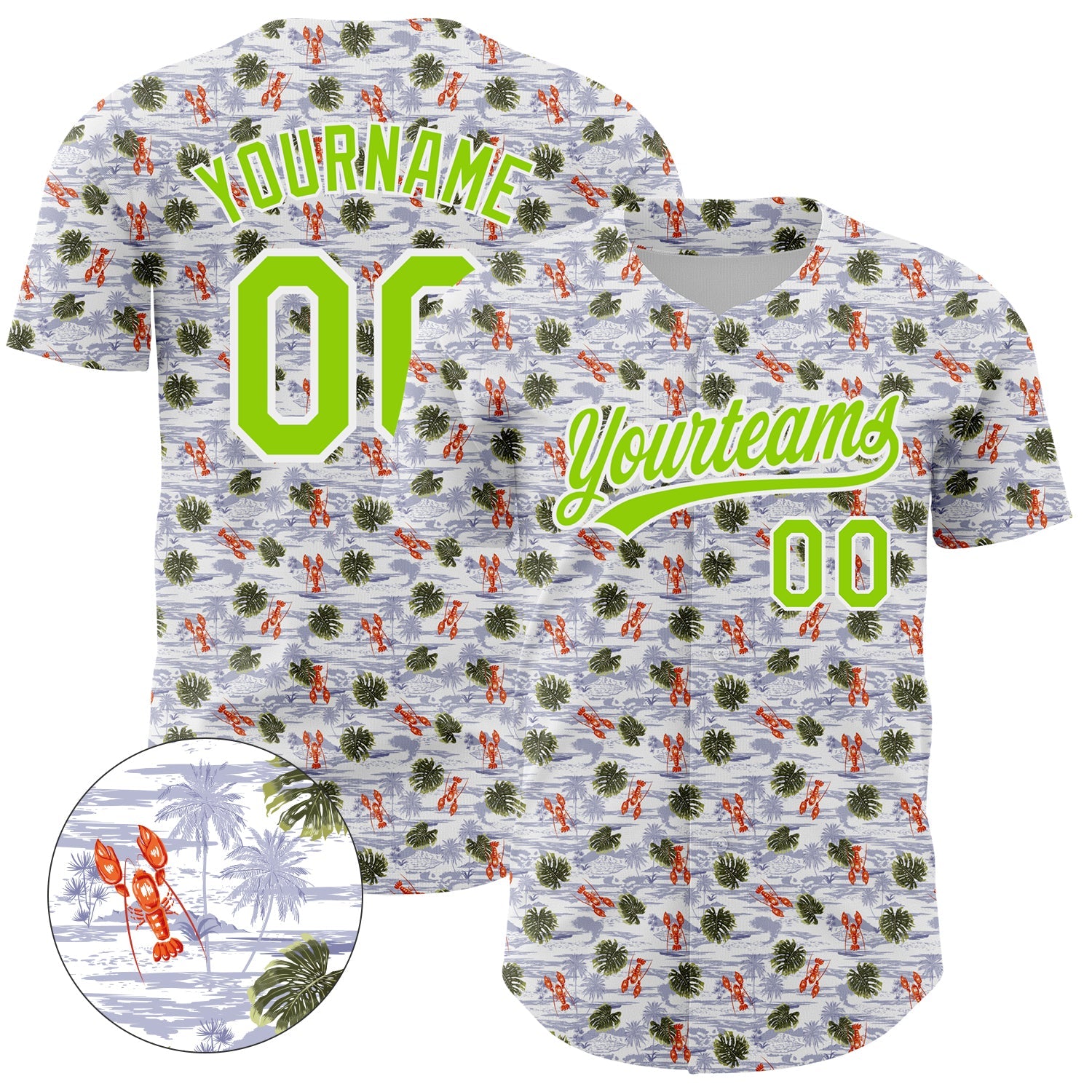 Custom White Neon Green 3D Pattern Design Animal Lobster And Hawaii Palm Trees Authentic Baseball Jersey - Main View