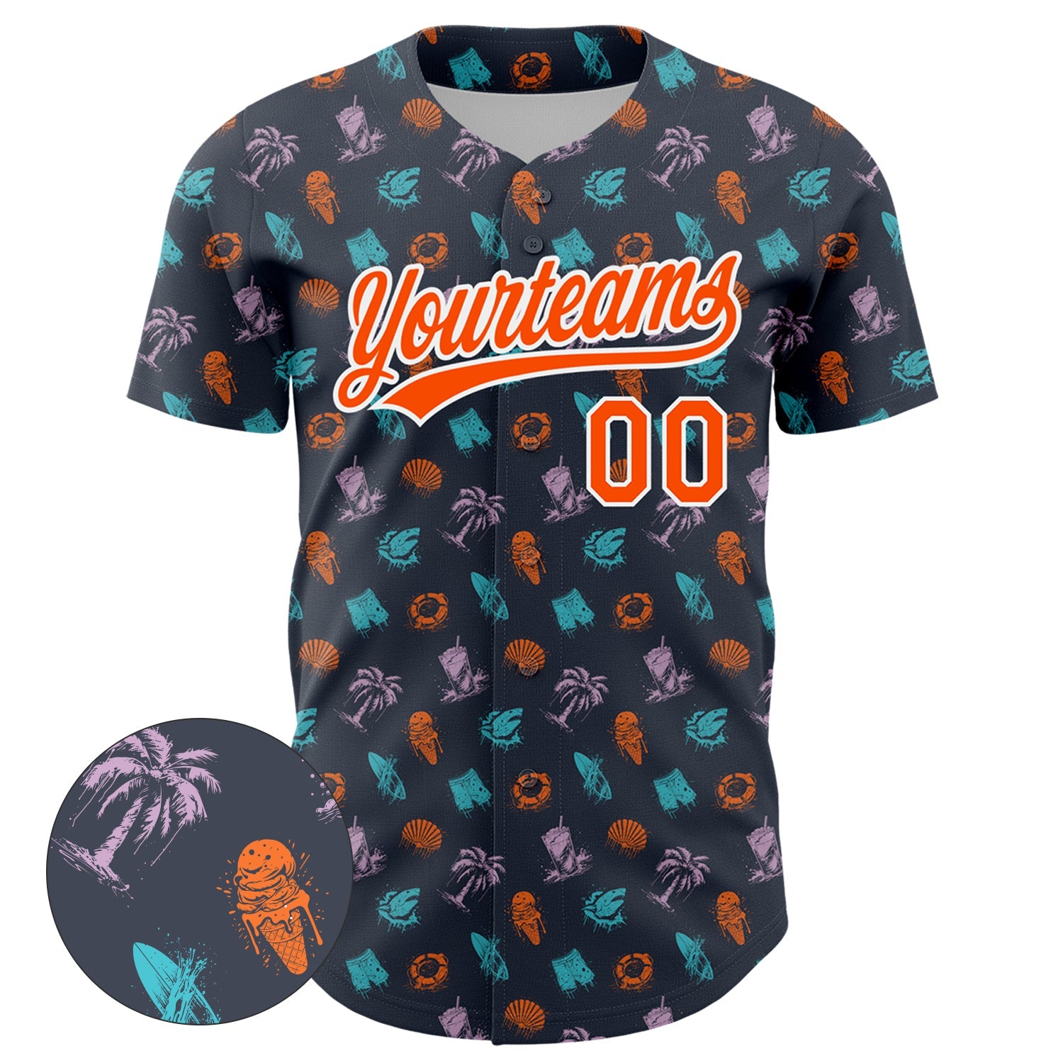 Custom Navy Orange-White 3D Pattern Design Ice Cream And Hawaii Palm Trees Authentic Baseball Jersey view 2