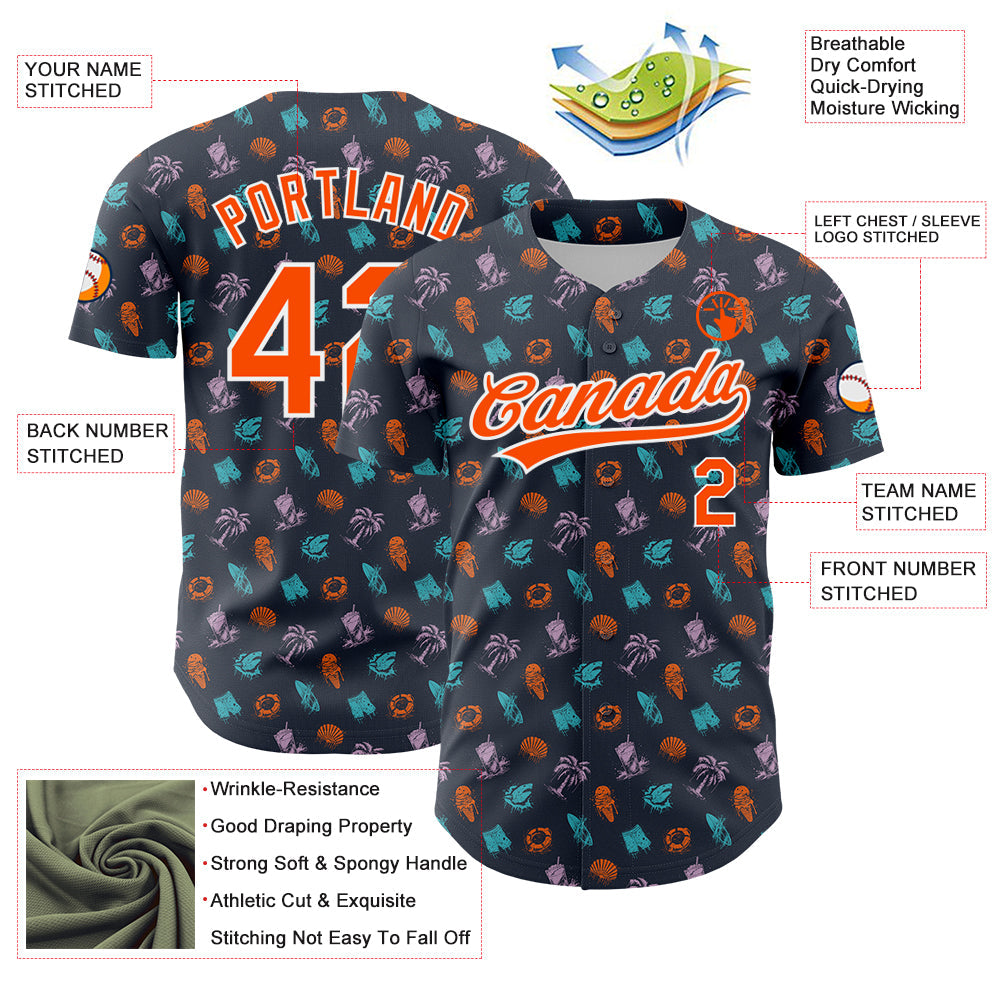 Custom Navy Orange-White 3D Pattern Design Ice Cream And Hawaii Palm Trees Authentic Baseball Jersey view 3