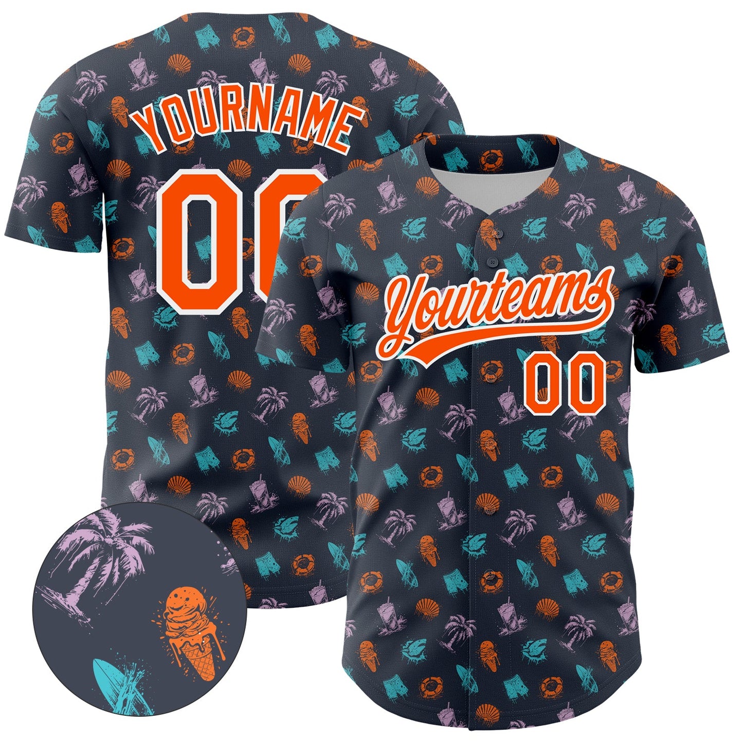 Custom Navy Orange-White 3D Pattern Design Ice Cream And Hawaii Palm Trees Authentic Baseball Jersey - Main View