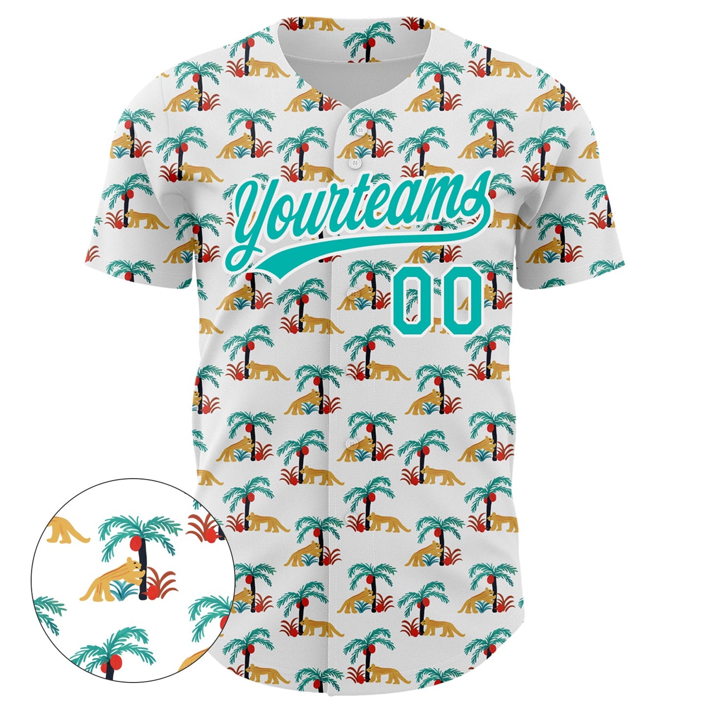 Custom White Aqua 3D Pattern Design Animal Leopard And Hawaii Palm Trees Authentic Baseball Jersey view 2