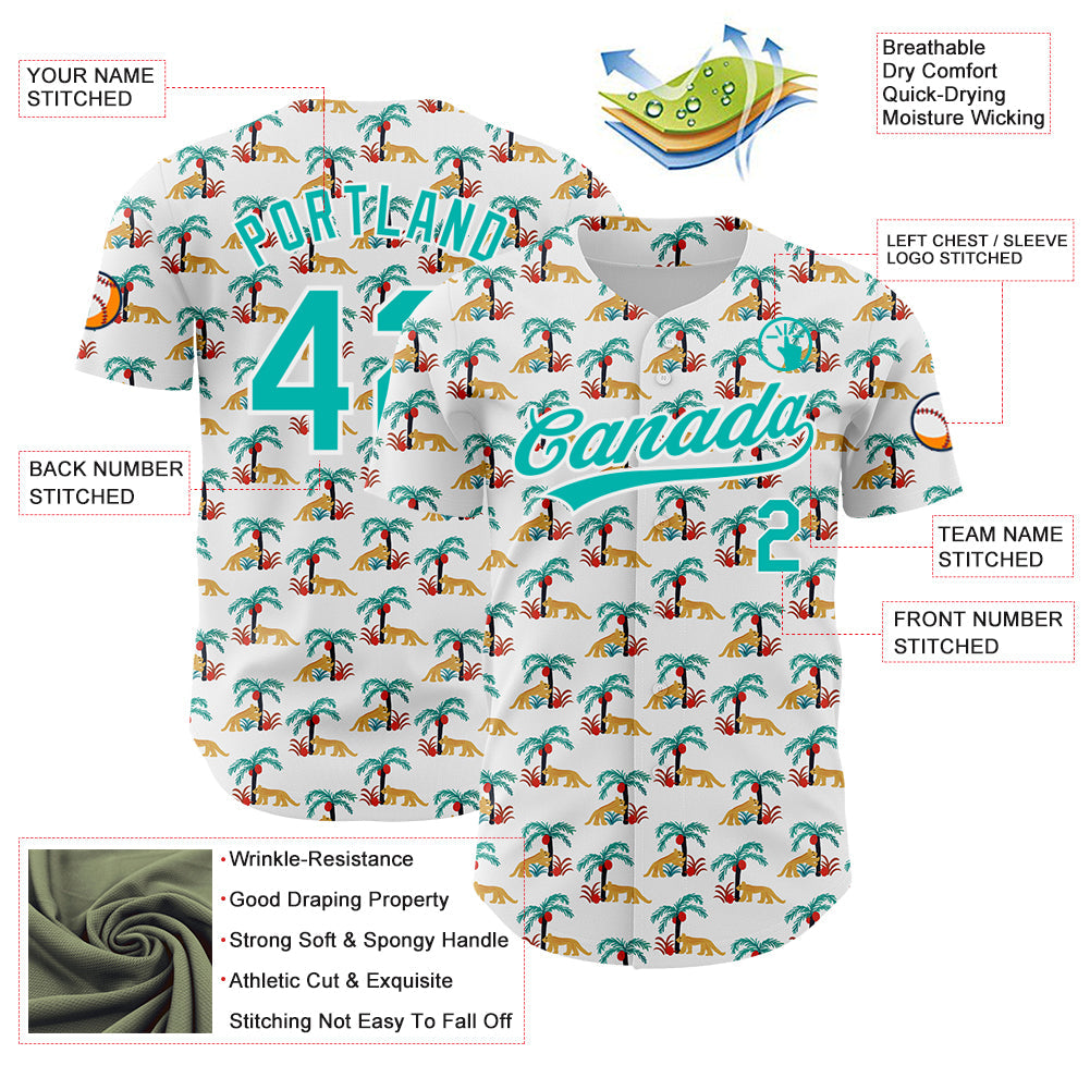 Custom White Aqua 3D Pattern Design Animal Leopard And Hawaii Palm Trees Authentic Baseball Jersey view 3