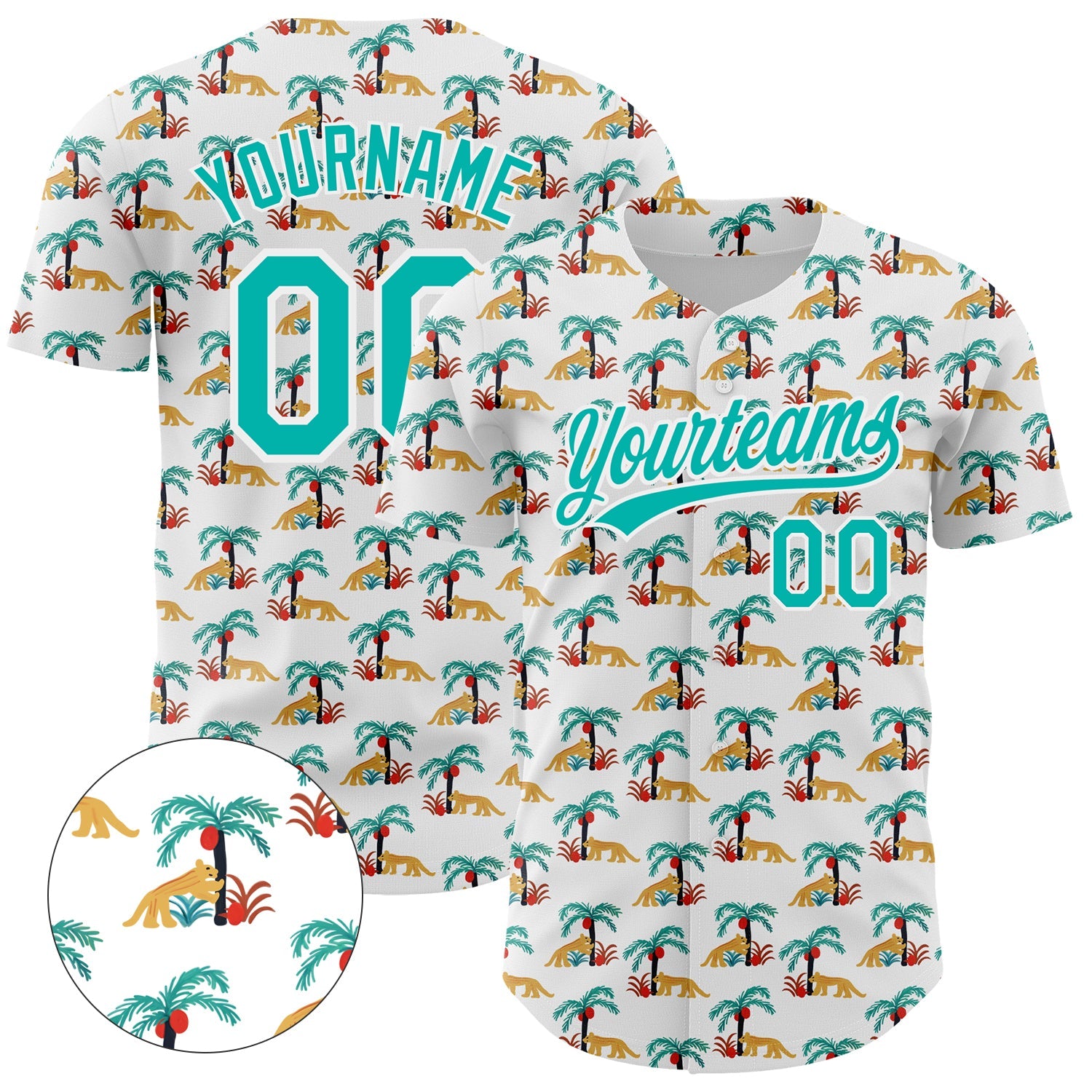 Custom White Aqua 3D Pattern Design Animal Leopard And Hawaii Palm Trees Authentic Baseball Jersey - Main View