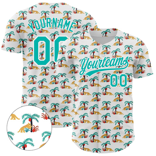Custom White Aqua 3D Pattern Design Animal Leopard And Hawaii Palm Trees Authentic Baseball Jersey - Main View