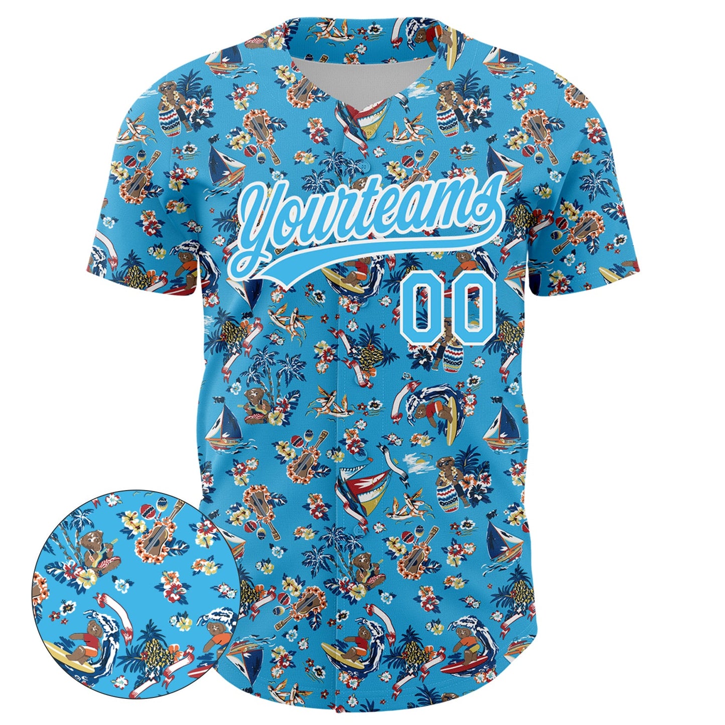 Custom Sky Blue White 3D Pattern Design Animal Bear And Hawaii Palm Trees Authentic Baseball Jersey view 2