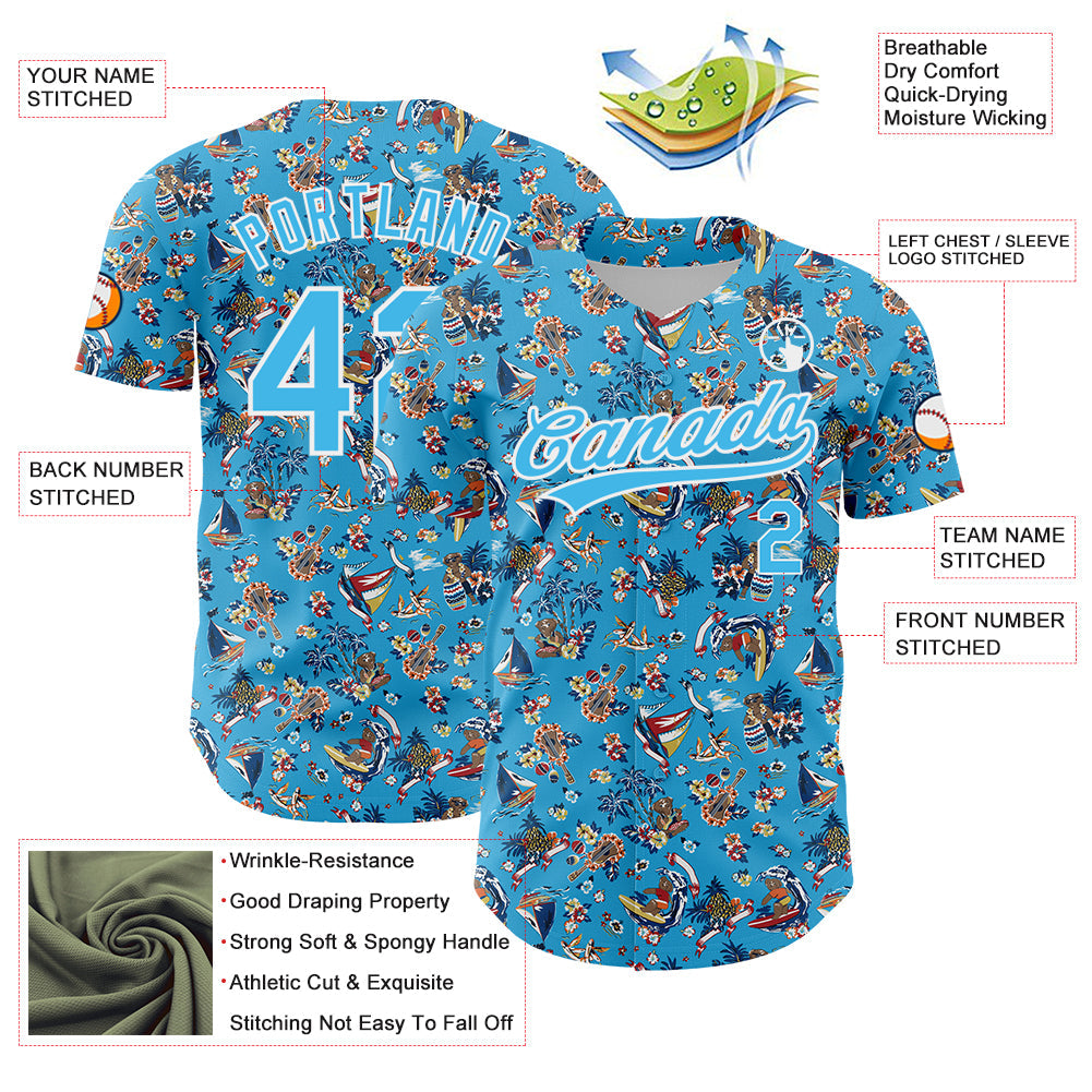 Custom Sky Blue White 3D Pattern Design Animal Bear And Hawaii Palm Trees Authentic Baseball Jersey view 3