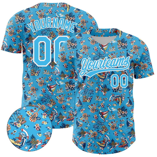 Custom Sky Blue White 3D Pattern Design Animal Bear And Hawaii Palm Trees Authentic Baseball Jersey - Main View
